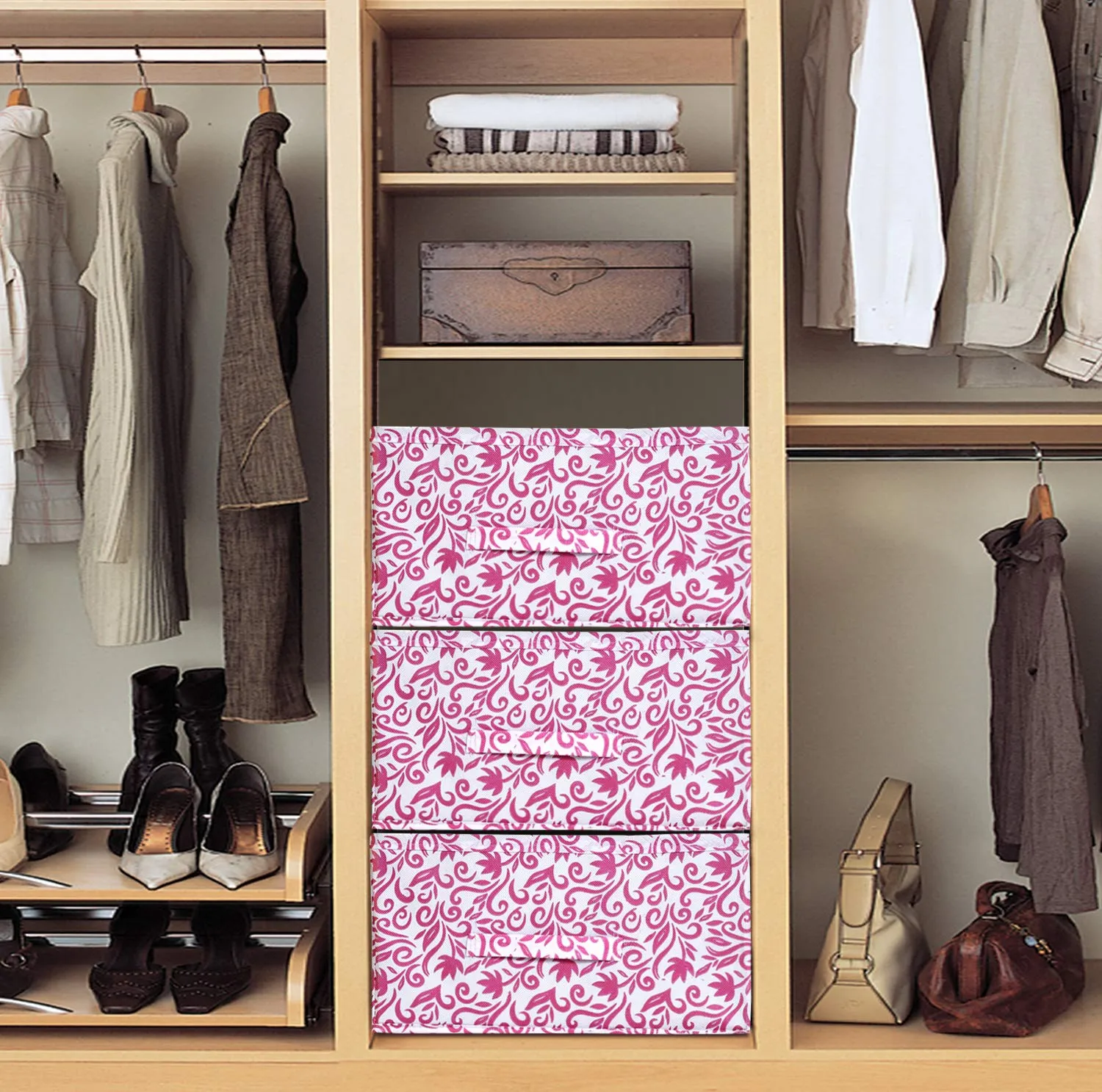 Kuber Industries Leaf Print Non Woven Fabric 3-Replacement Drawer Storage And Cloth Organizer Unit for Closet (Pink)-KUBMART16008