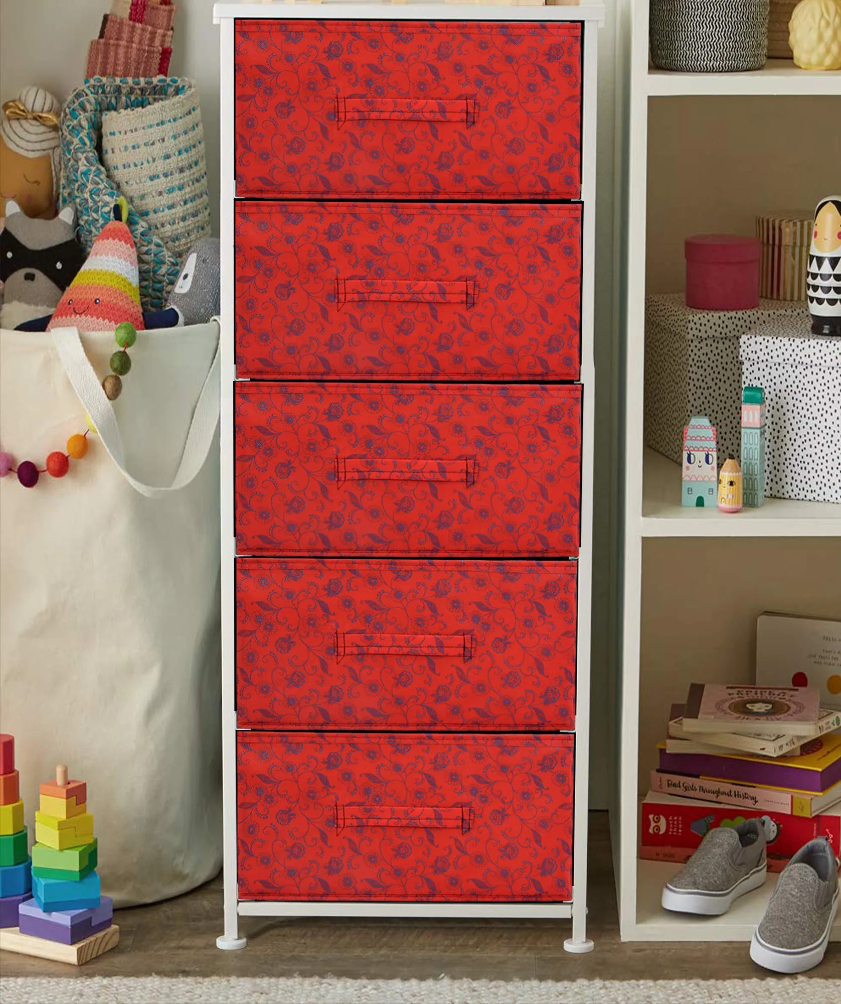 Kuber Industries Metalic Floral Print Non Woven Fabric 5-Drawer Storage and Cloth Organizer Unit for Closet (Red)-KUBMART1188