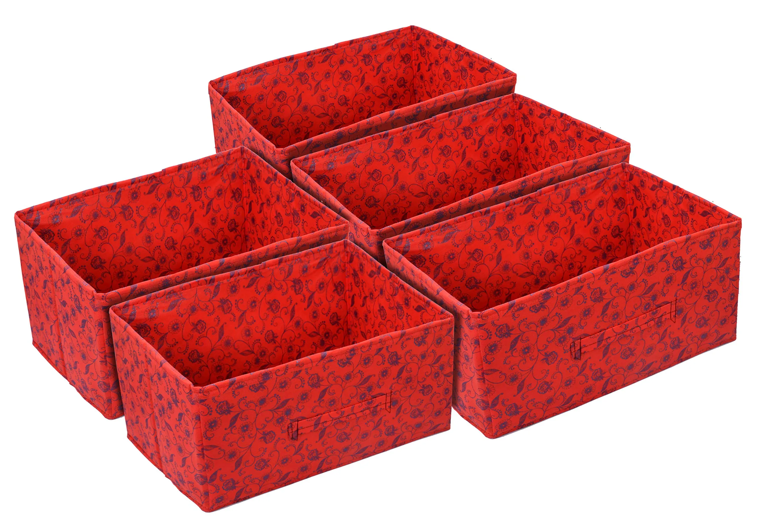 Kuber Industries Metalic Floral Print Non Woven Fabric 5-Drawer Storage and Cloth Organizer Unit for Closet (Red)-KUBMART1188