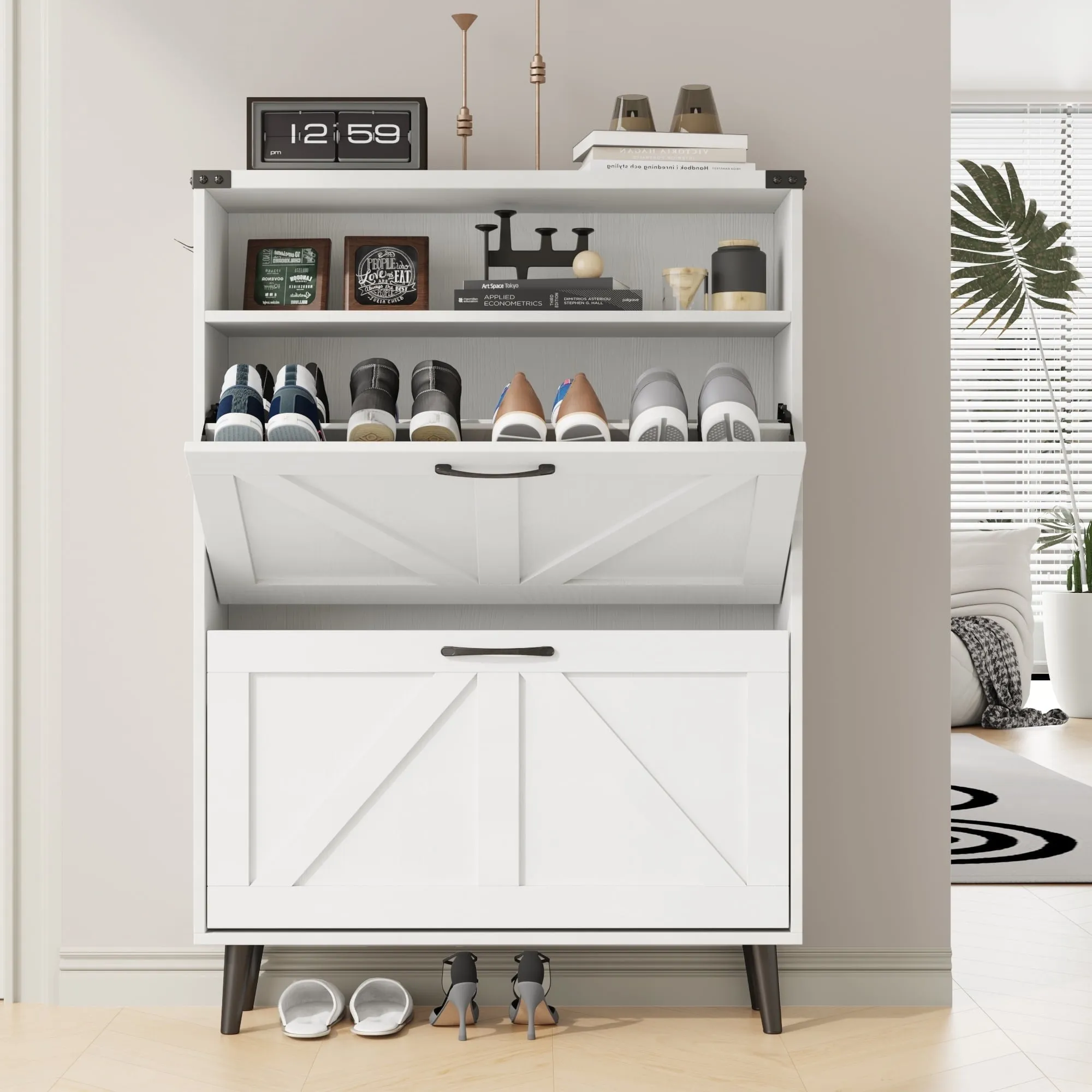 timeless VEANERWOOD Shoe Cabinet with 2 Flip Drawers Farmhouse Shoe Storage Cabinet Organizer for Entryway, Grey