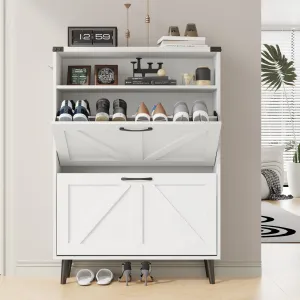 timeless VEANERWOOD Shoe Cabinet with 2 Flip Drawers Farmhouse Shoe Storage Cabinet Organizer for Entryway, Grey