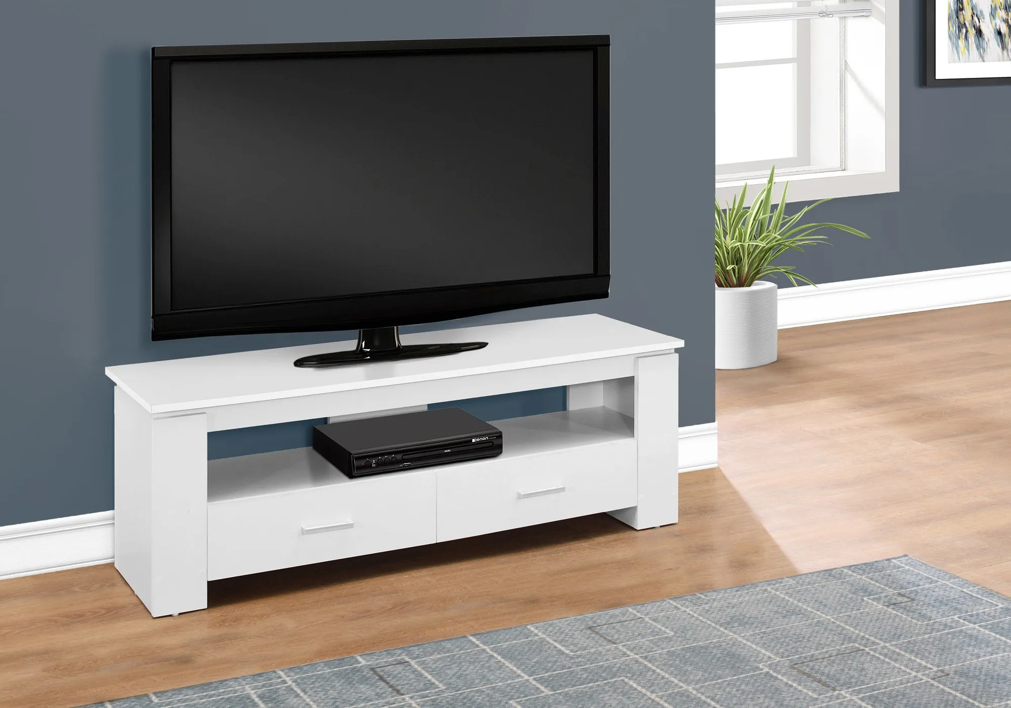 Tv Stand, 48 Inch, Console, Media Entertainment Center, Storage Drawers, Living Room, Bedroom, White Laminate, Contemporary, Modern