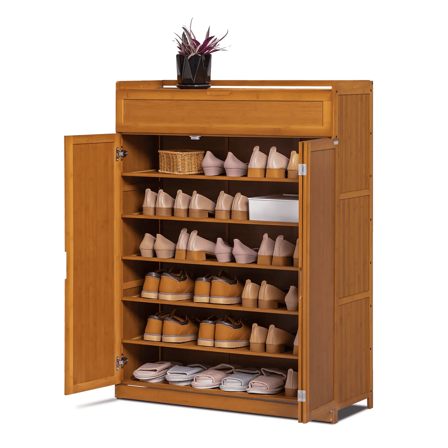 valiant Bamboo 7 Tier Organizer Cabinet with Folding Door, 35 Pairs of Shoes Rack, Brown, for Home