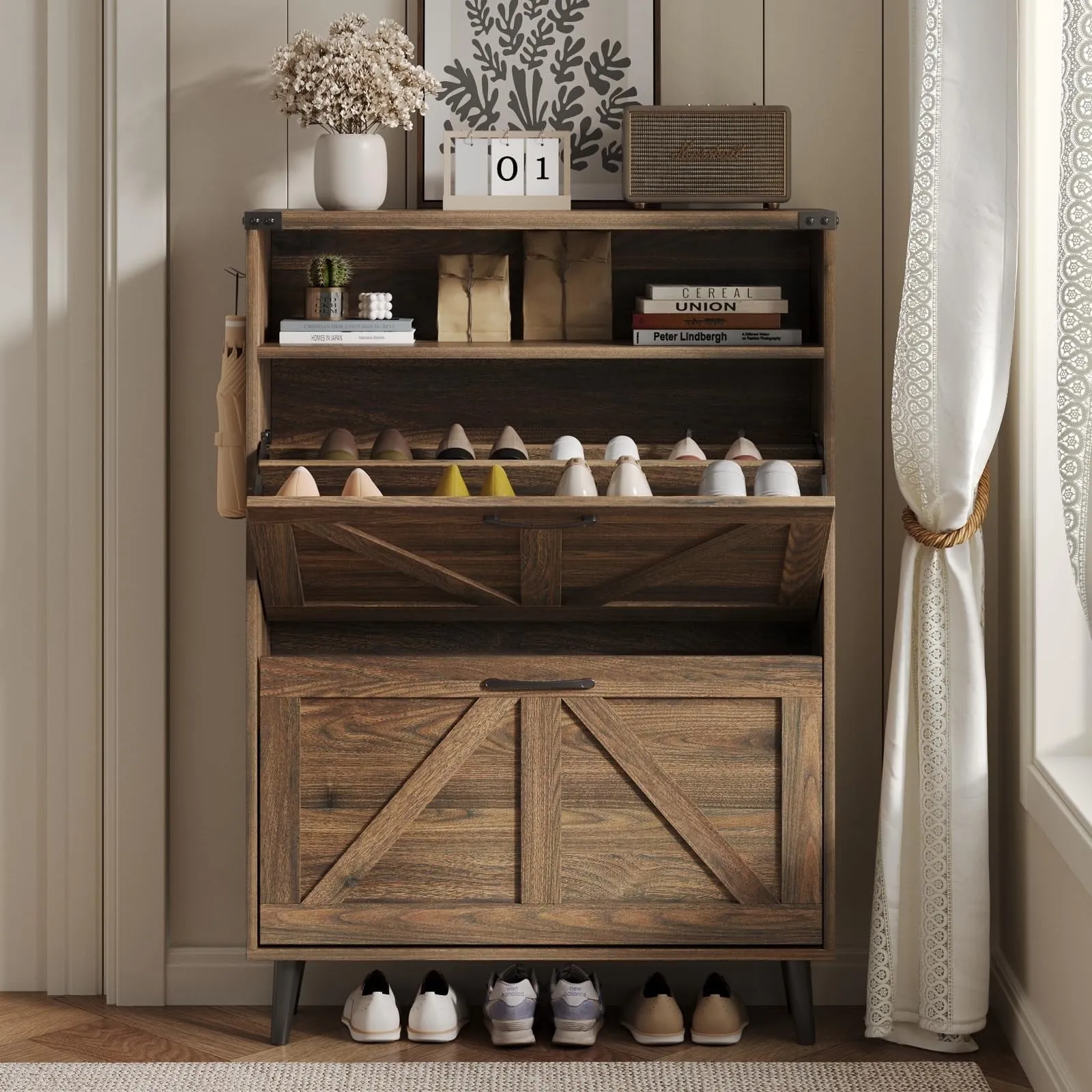 versatile VEANERWOOD Shoe Cabinet with 2 Flip Drawers Farmhouse Shoe Storage Cabinet Organizer for Entryway, Grey